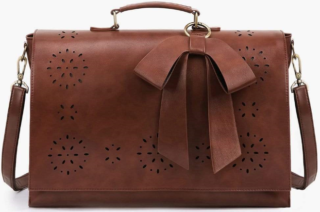 brown color vegan leather bag with a decorative bow on top