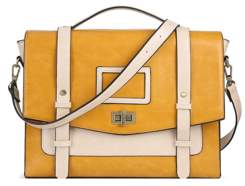 yellow bag with off-white color straps. 