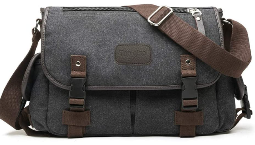 Black canvas bag with brown straps