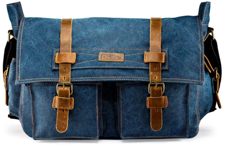 blue color canvas messenger bag with brown vegan leather straps