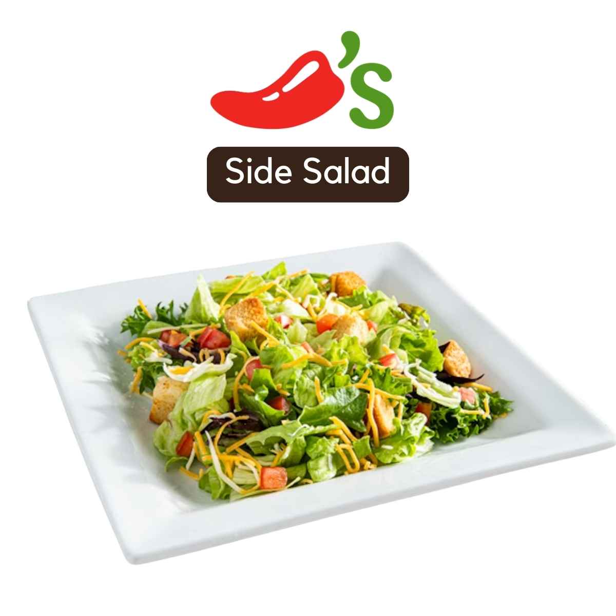 Chili’s side salad with lettuce, shredded cheese, diced tomatoes, and croutons served in a white square bowl.