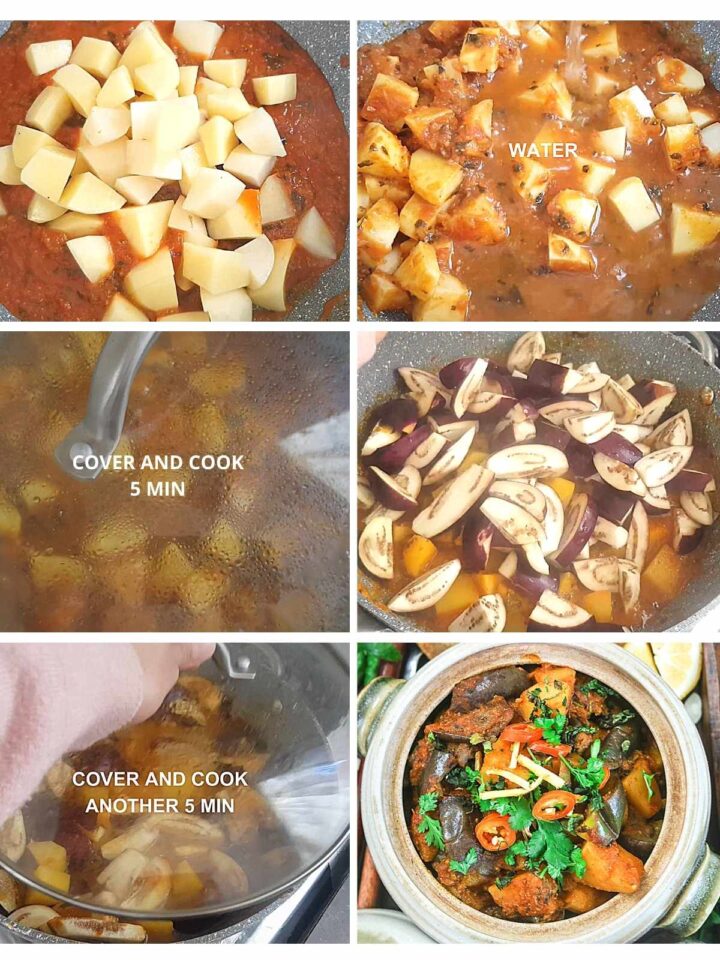 steps to add eggplant and potatoes to make aloo baingan