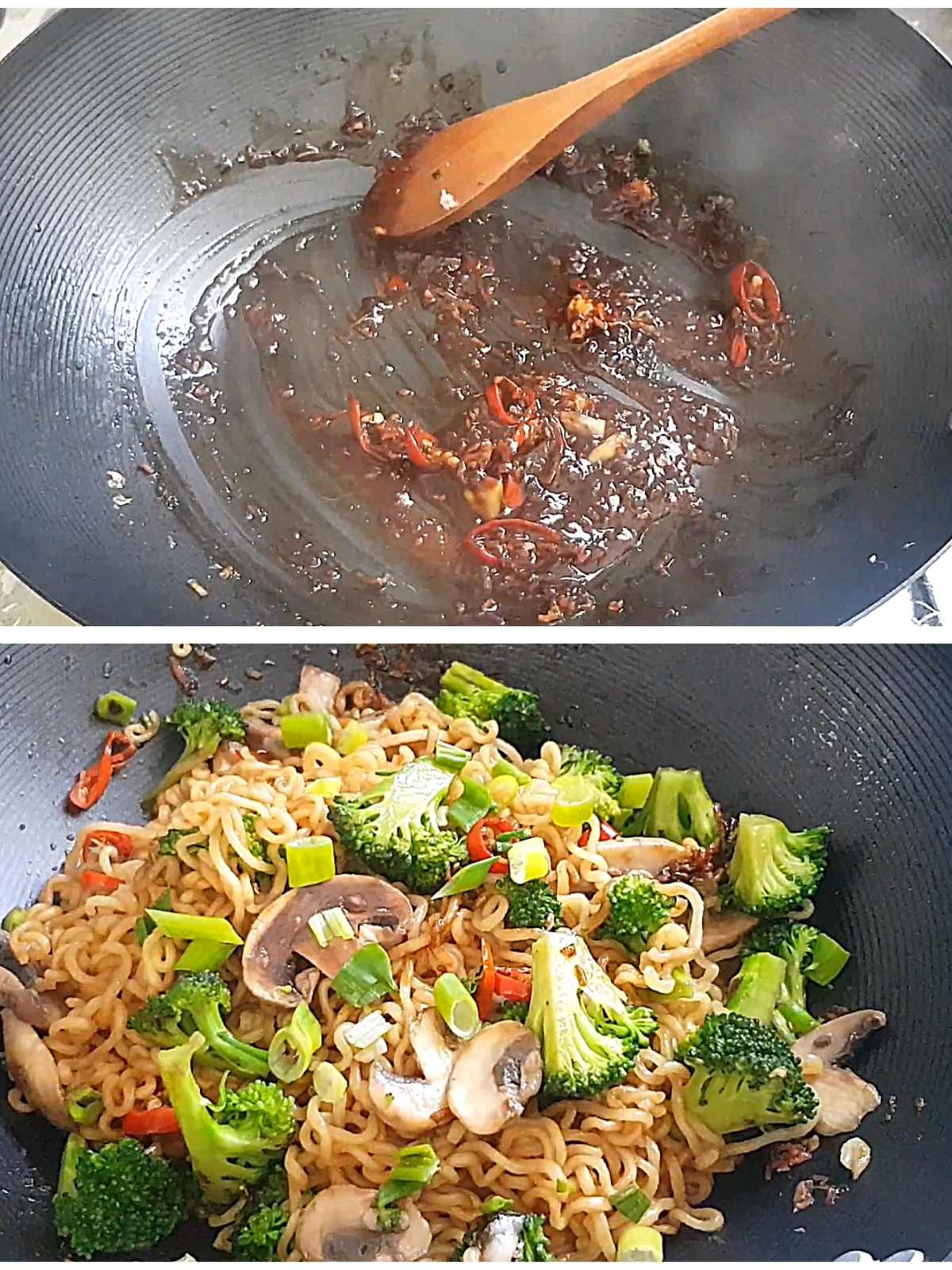 Process shots of how to make vegan ramen stir fry with veggies