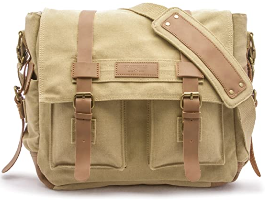 khaki color canvas bag with brown straps