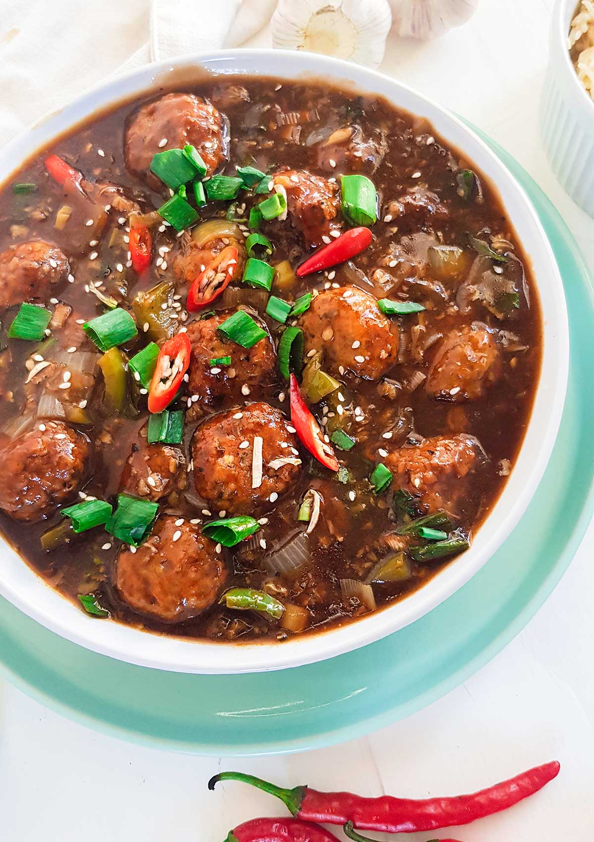 Manchurian served in a white bowl