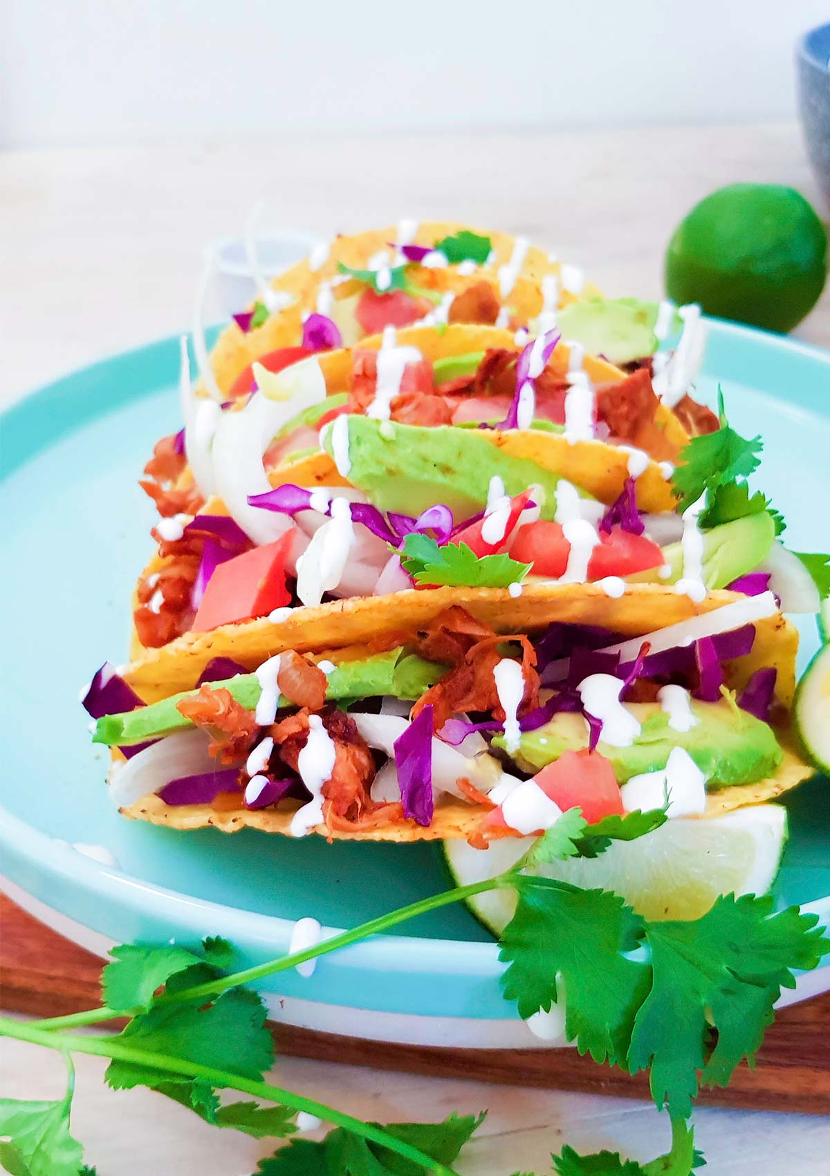 hard shell tacos placed in a plate filled with pulled jackfruit meat