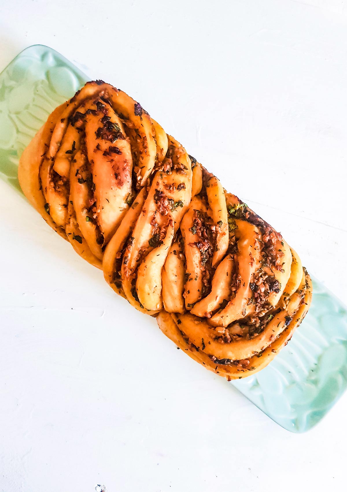 Vegan Savory Babka served in a platter