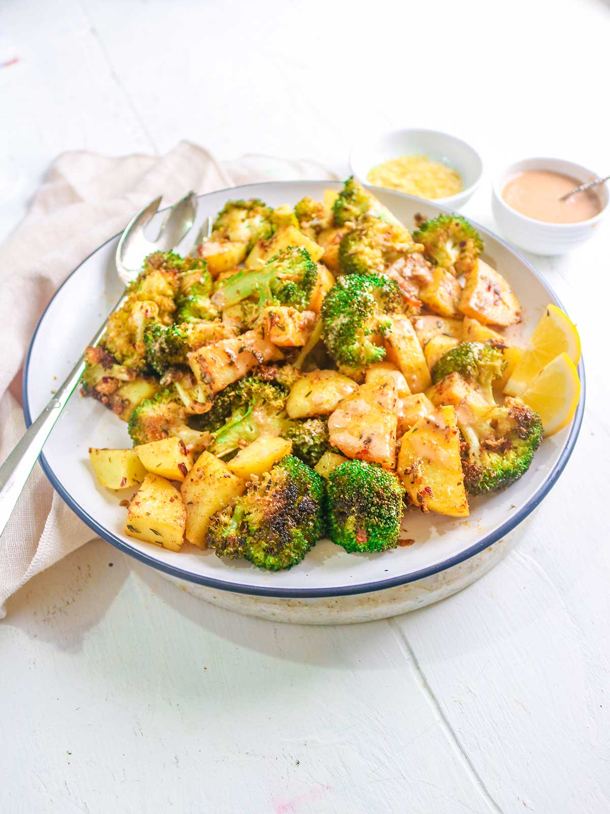 crispy roasted potatoes and broccoli