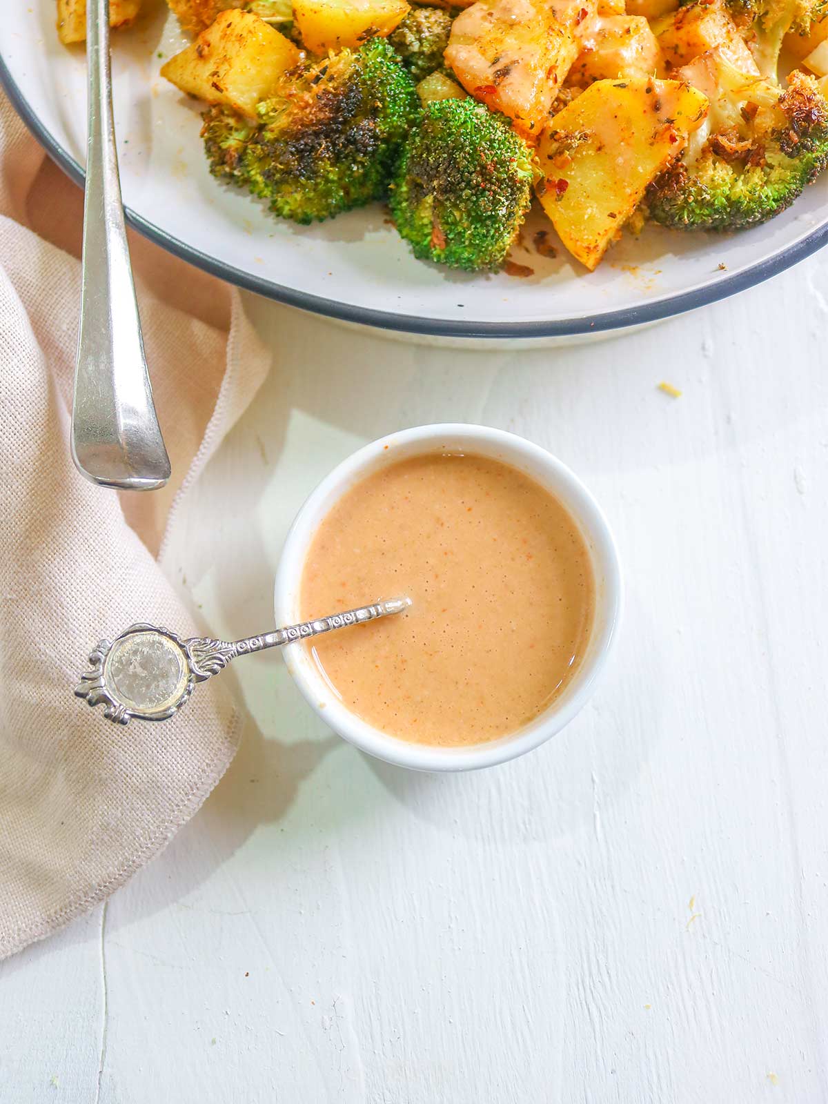 spicy tahini sauce with roasted veggies