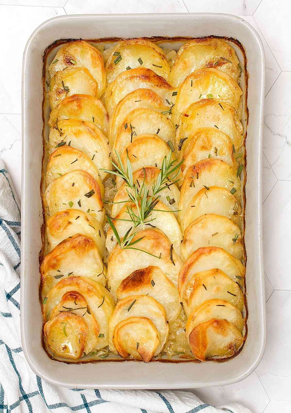 Bakers Potatoes  in a white rectangle serving dish