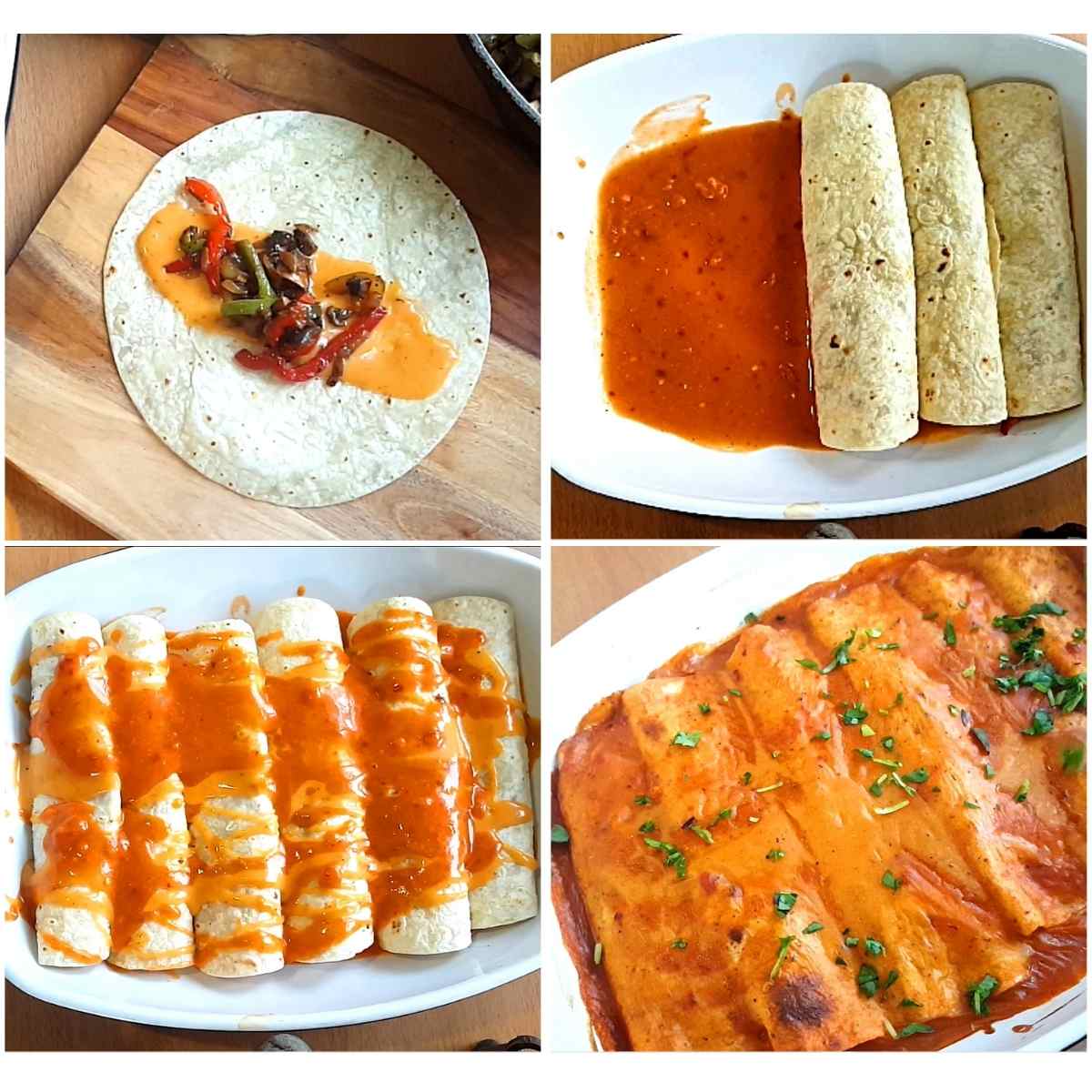 how to roll and assemble enchiladas process shots.