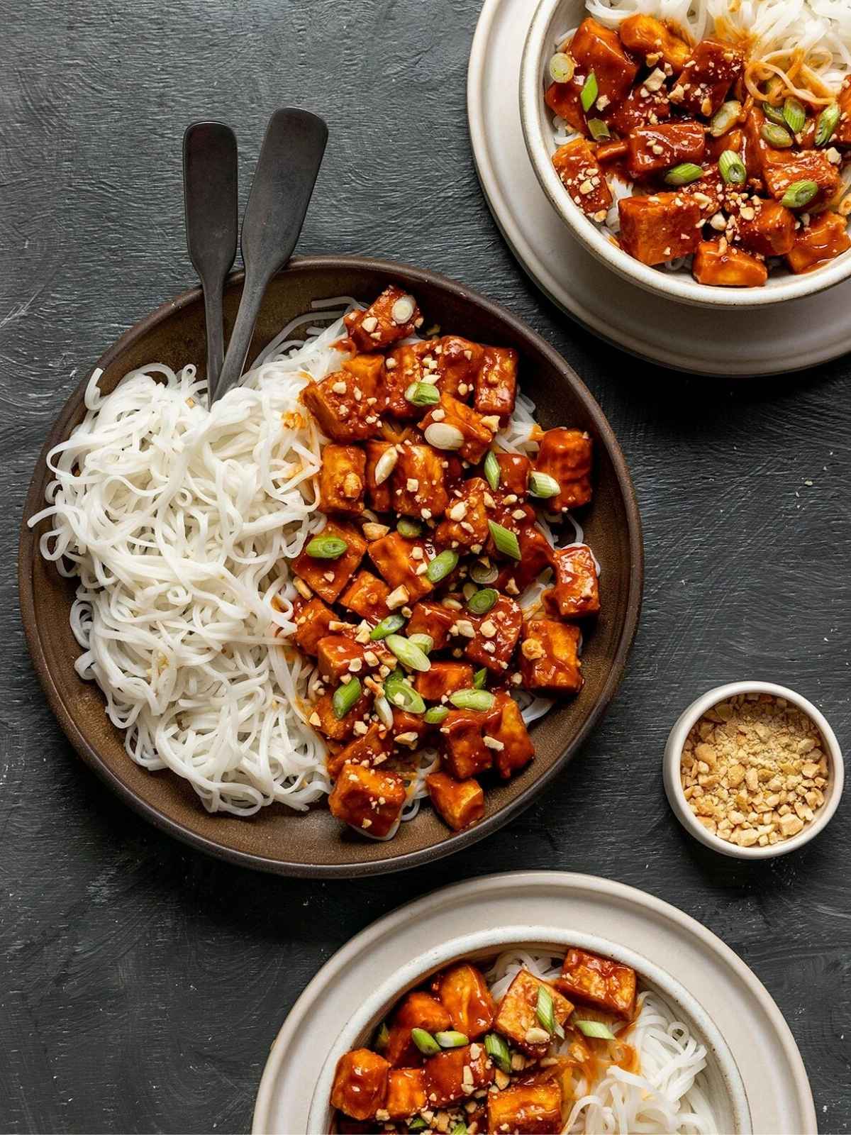 Baked Tofu served with white rice noodles