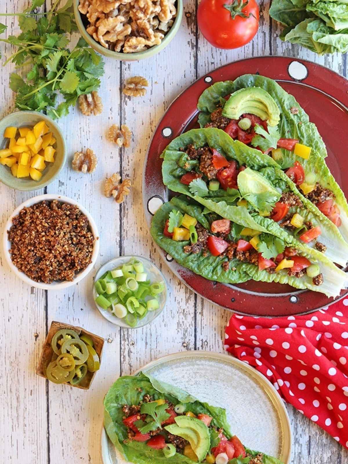 lettuce leaves filled with taco filling placed in a red plate.