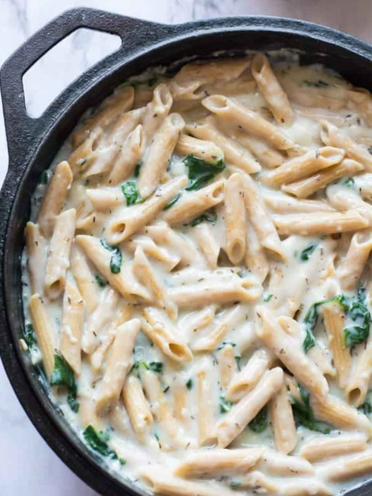 creamy pasta in a skillet