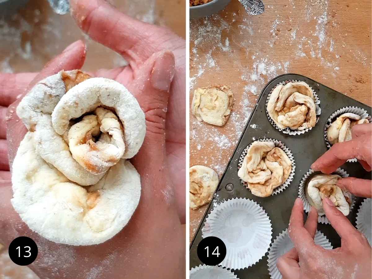 Two side-by-side images of rose shape muffin in hand and in muffin tin