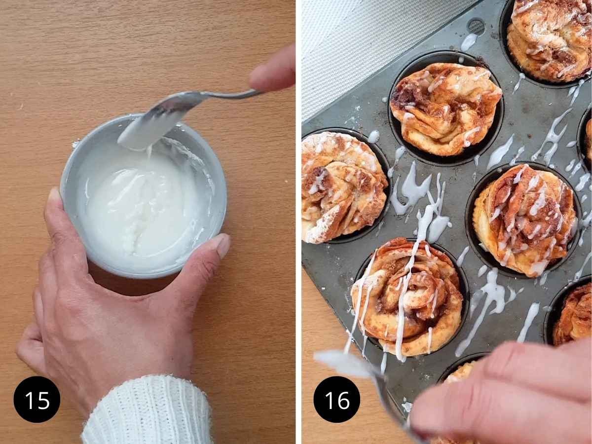 Two side-by-side images of making and drizzling the glaze over muffins