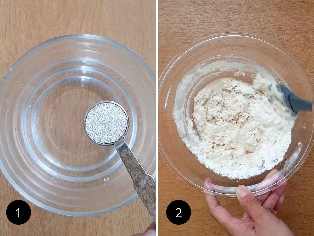 Two side-by-side images of mixing yeast in warm water and adding flour.