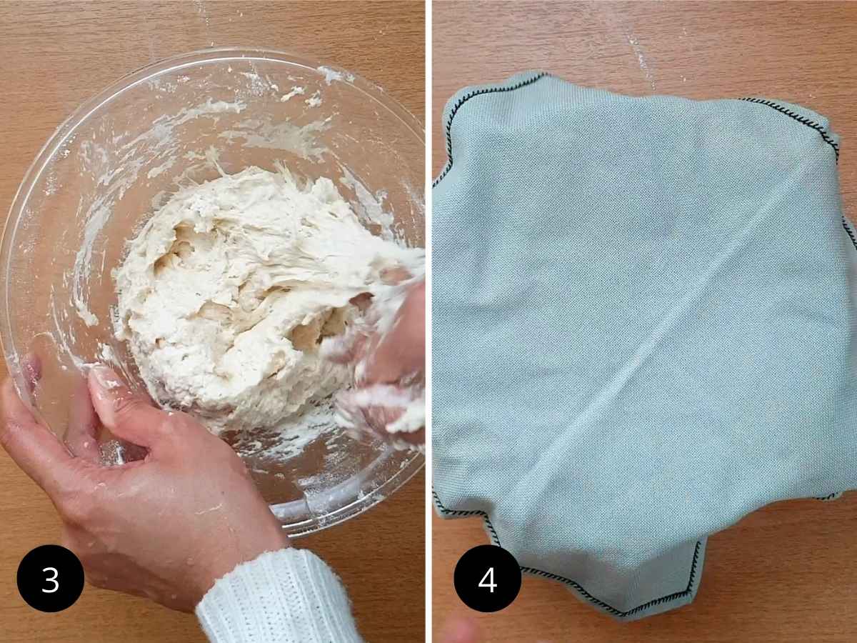 Two side-by-side images of kneading the dough and covering it with napkin