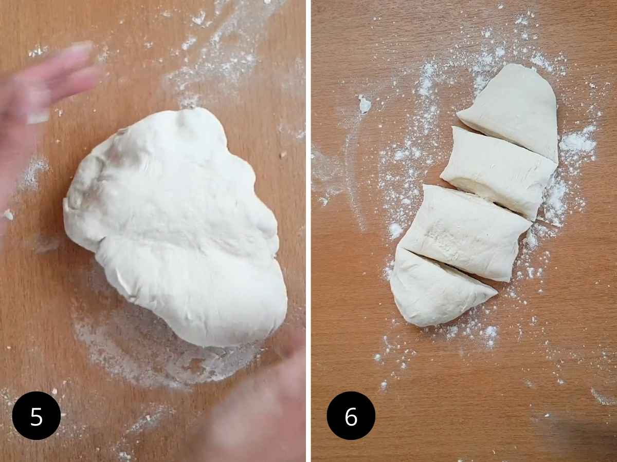 Two side-by-side images of kneading and slicing the dough.
