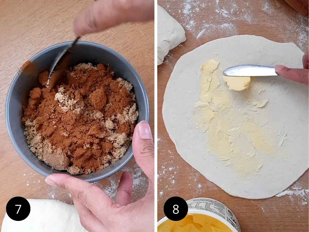 Two side-by-side images of preparing the cinnamon filling and applying the vegan butter on rolled dough