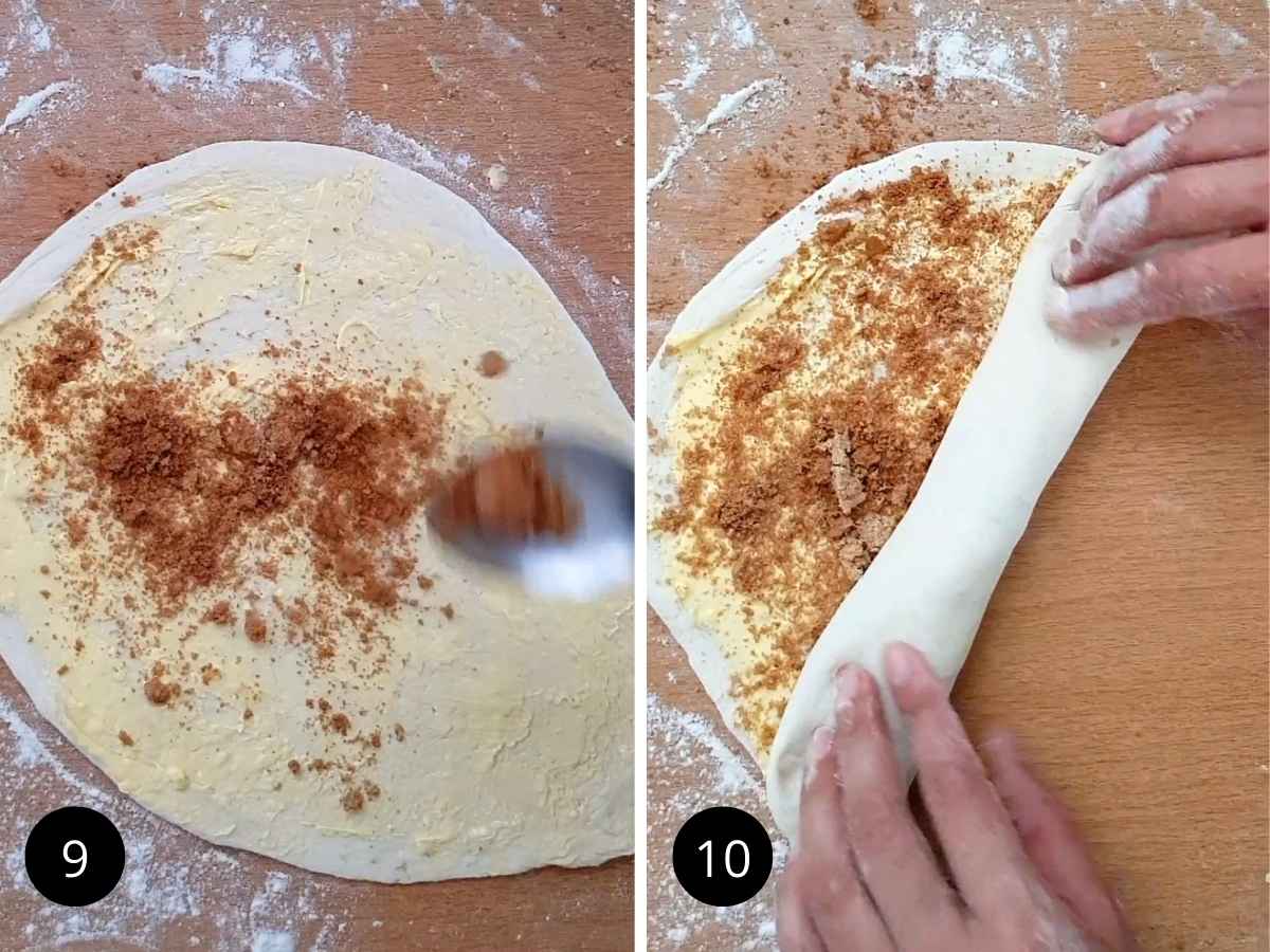 Two side-by-side images of sprinkling the cinnamon filling and rolling the dough in cylinder shape.