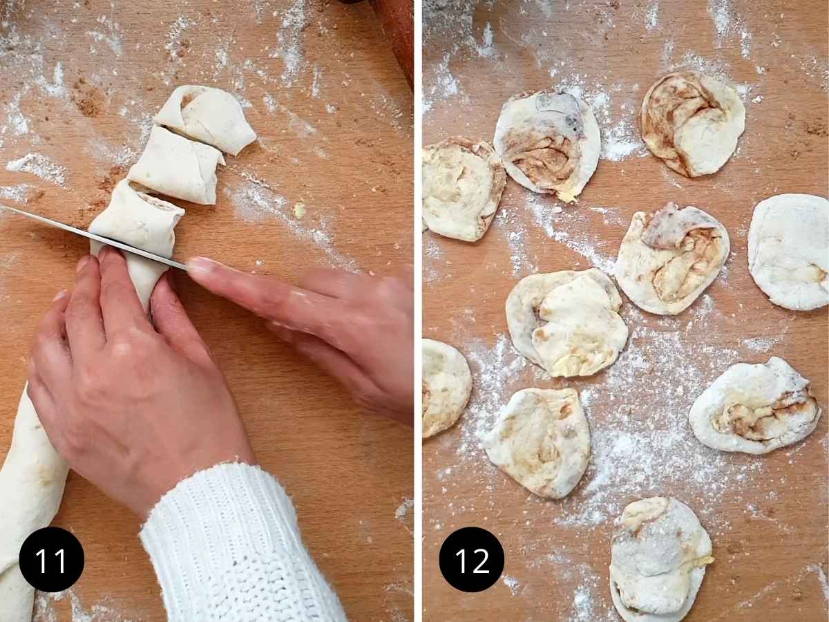 Two side-by-side images of rose shape making process of the muffin