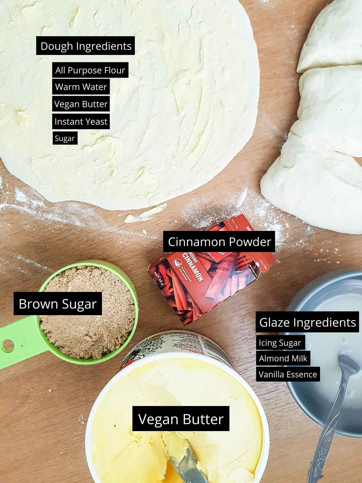 ingredients to make cinnamon roll muffin.