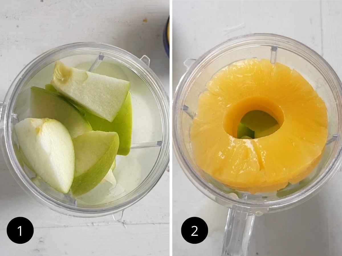 Two side by side images of smoothie making process.