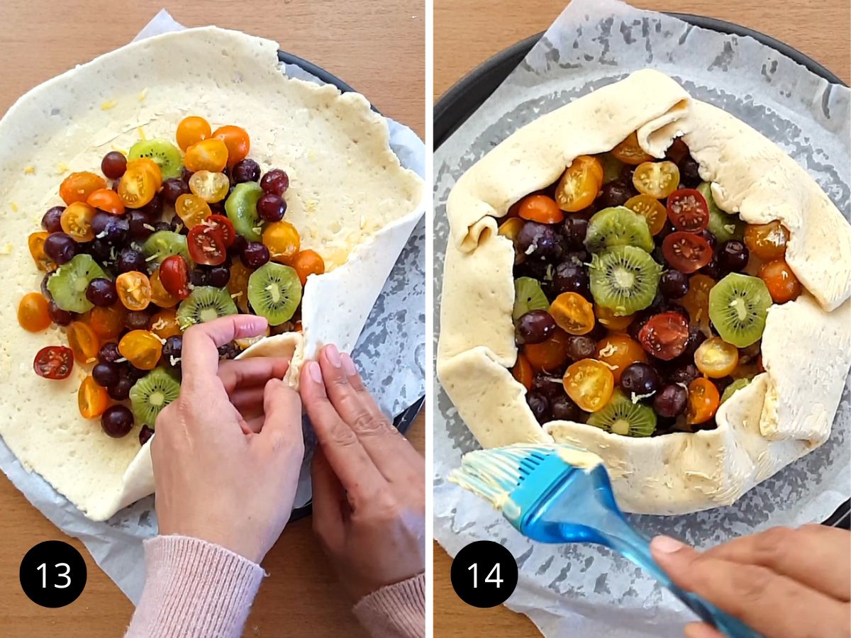 Two side-by-side images of pleating the dough over the fruit and applying vegan butter on dough folds.