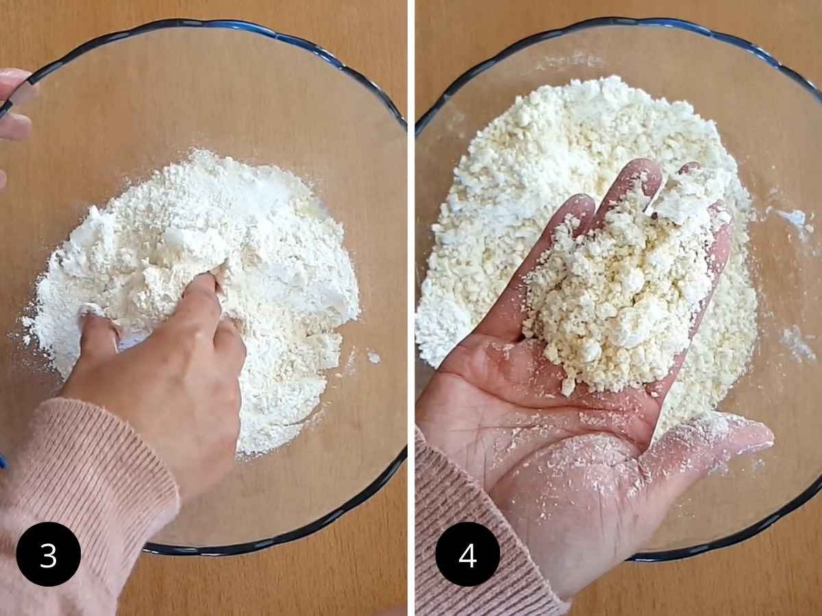 Two side-by-side images, showing process of making galette dough with hands and showing coarse crumbs.