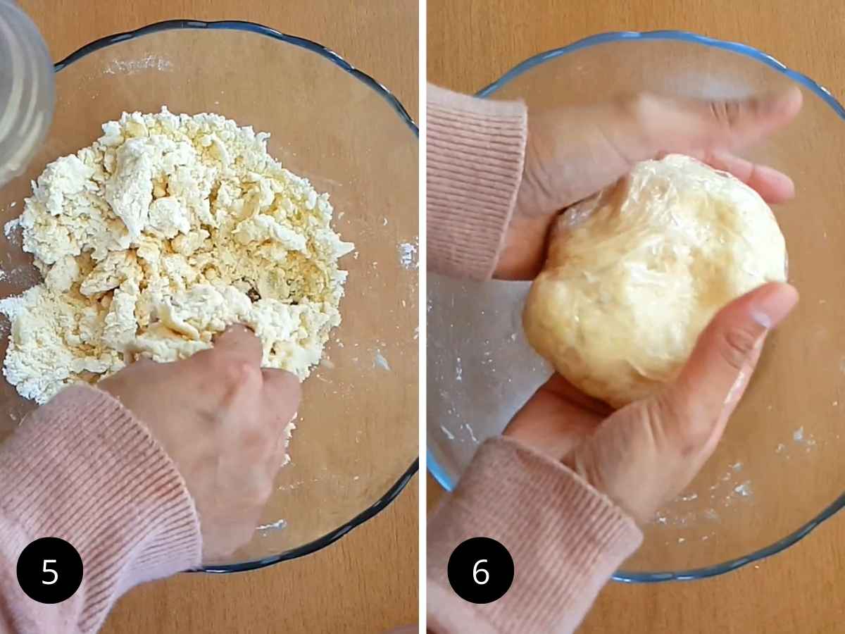 Two side-by-side images of mixing chilled water in flour to knead the dough and wrapping the dough in cling film