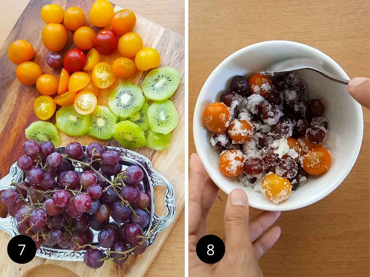 Two side-by-side images of washed and sliced fruits and mixing flour and sugar in fruits.