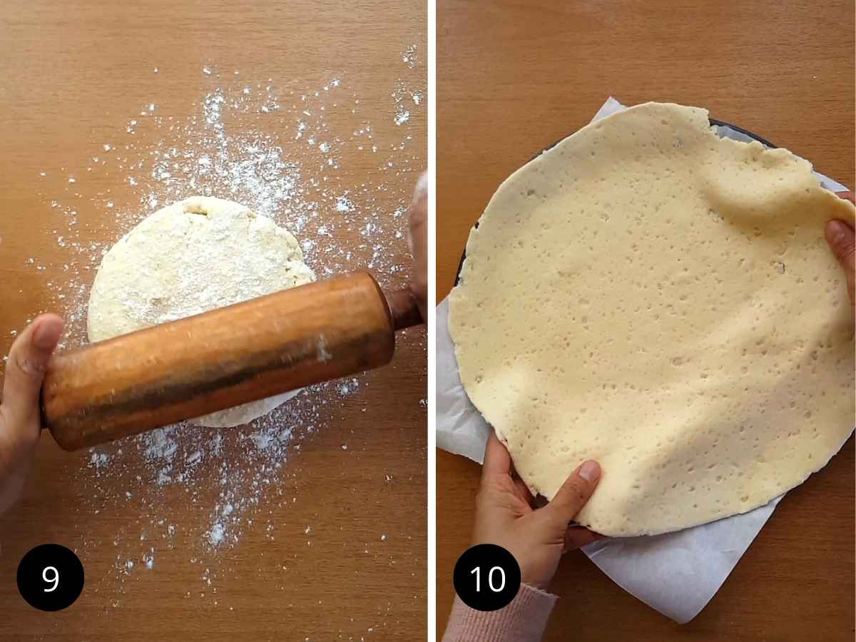 Two side-by-side images of rolling the dough on a wooden surface and placing rolled dough on baking tray