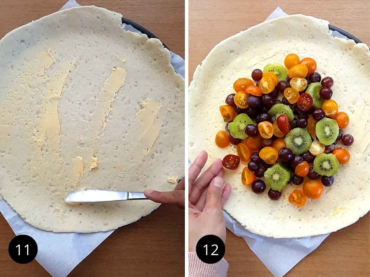 Two side-by-side images applying vegan butter on the dough with butter knife and placing fruit on rolled dough.