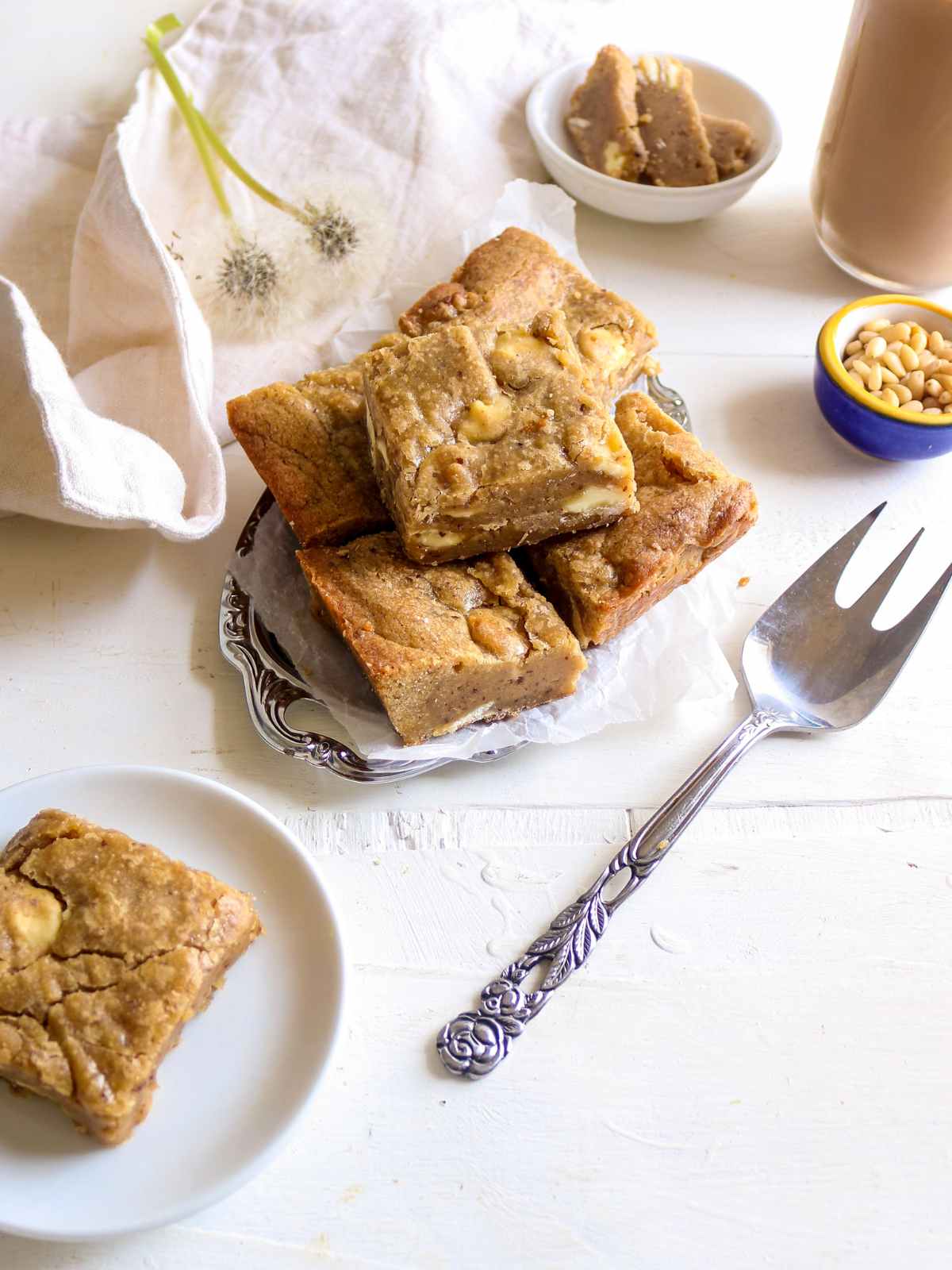 Blondies served with cold coffee.