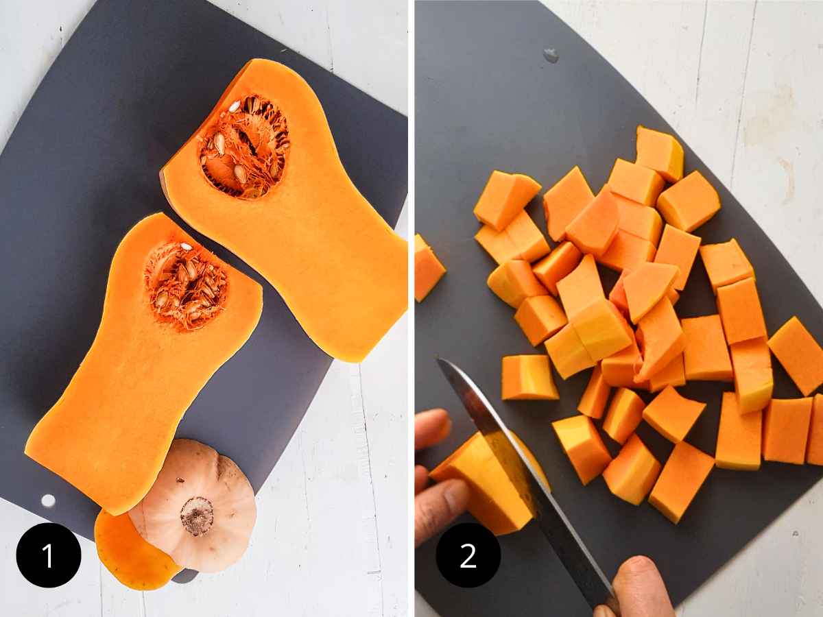 Photo collage of preparing the Butternut Squash to roast for salad.