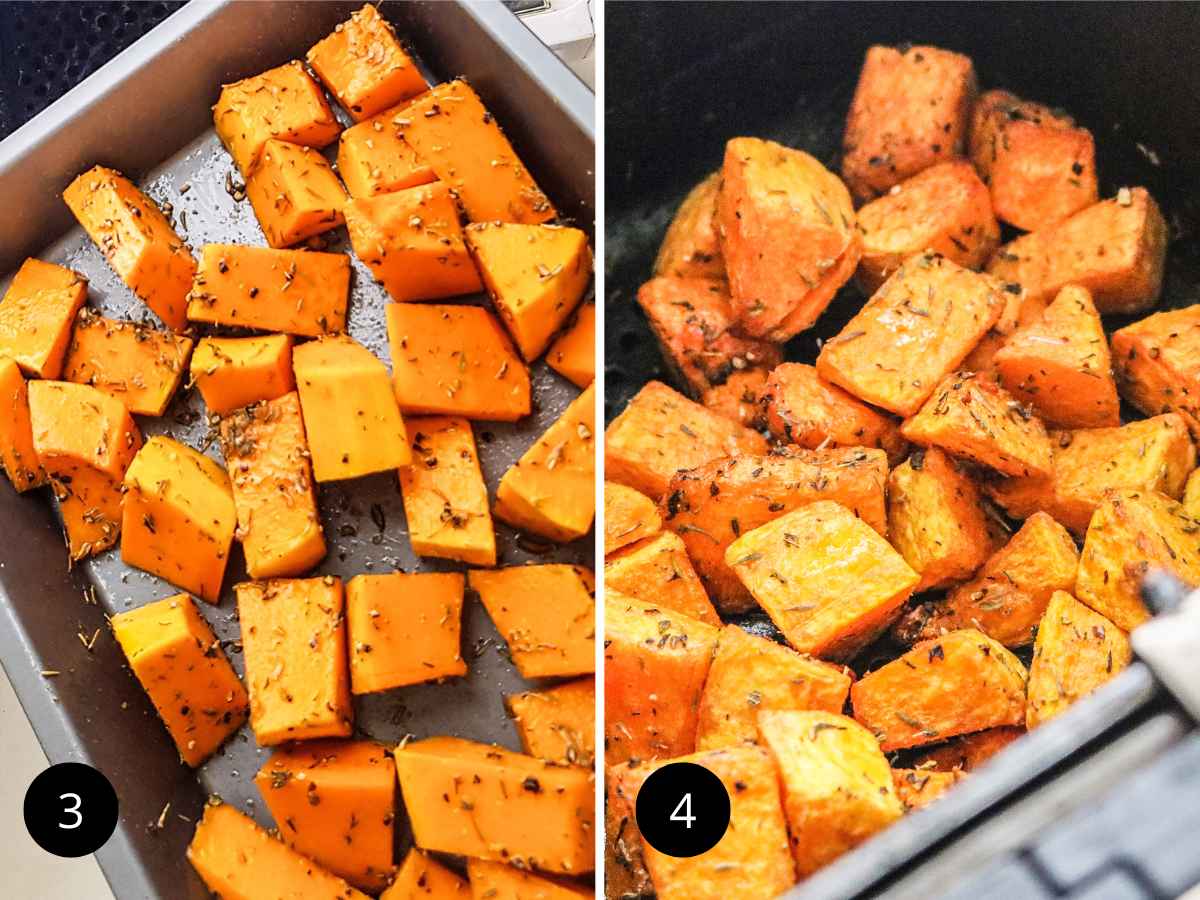 roasted butternut squash cubed on roasting tray