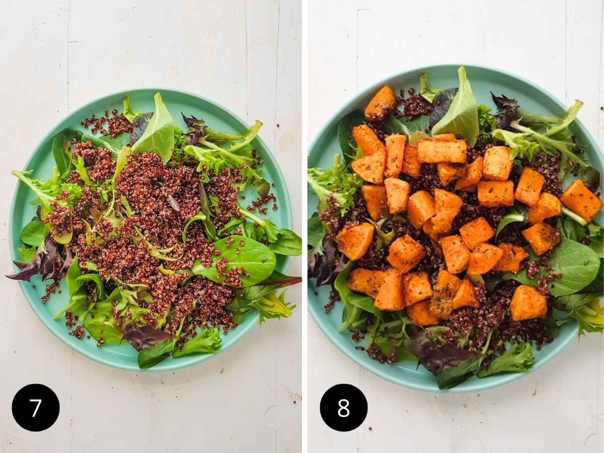 collage image of squash and quinoa salad assembling.