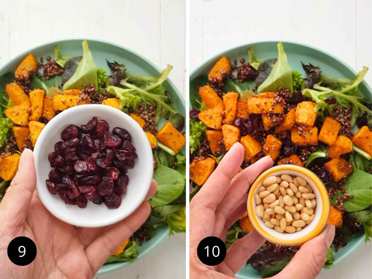 collage image of squash and quinoa salad assembling.