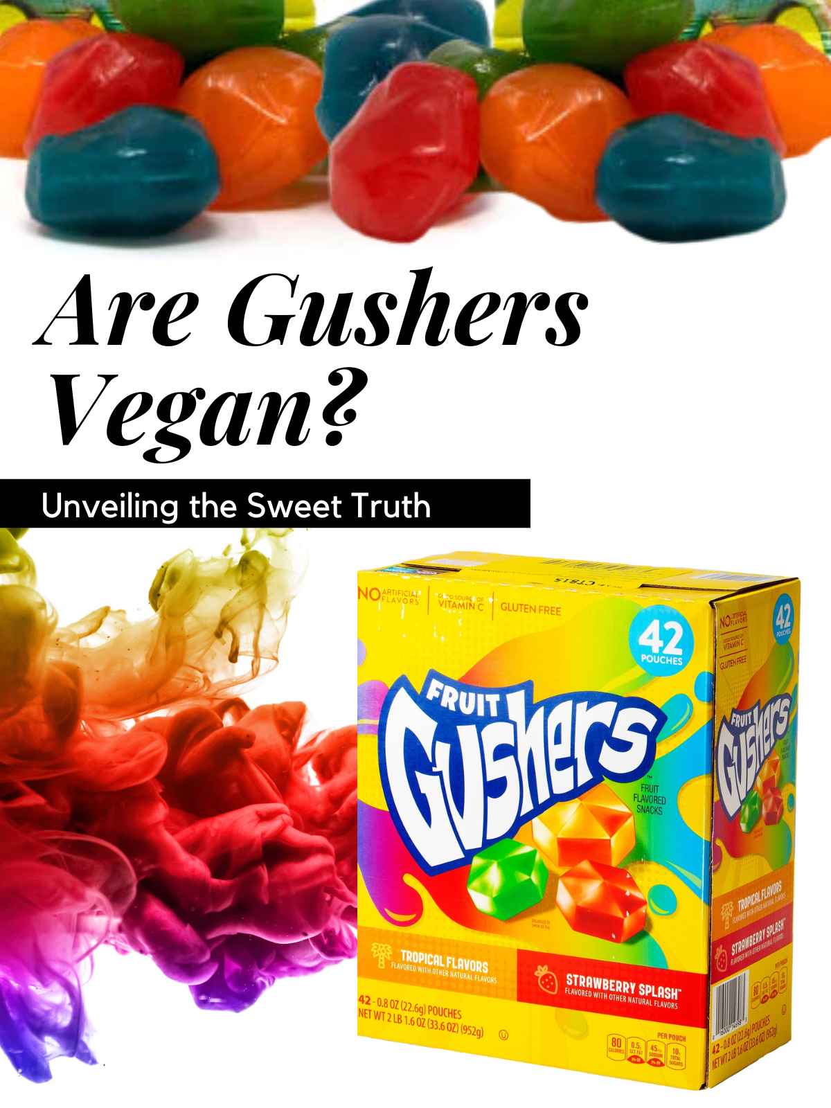 colorful banner saying are gushers vegan. colorful candy banner on top.