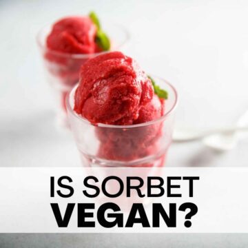 red color sorbet in a glass and text saying is sorbet vegan?