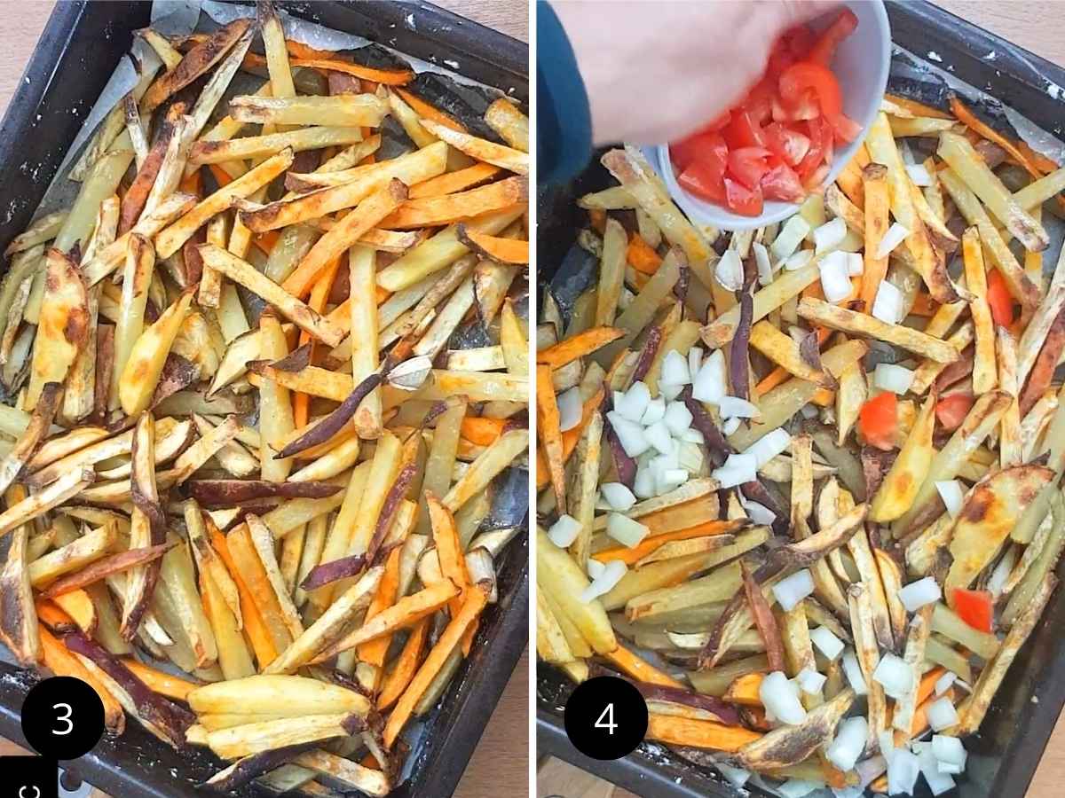 An Image of baked fries and topping it with fresh vegetables.