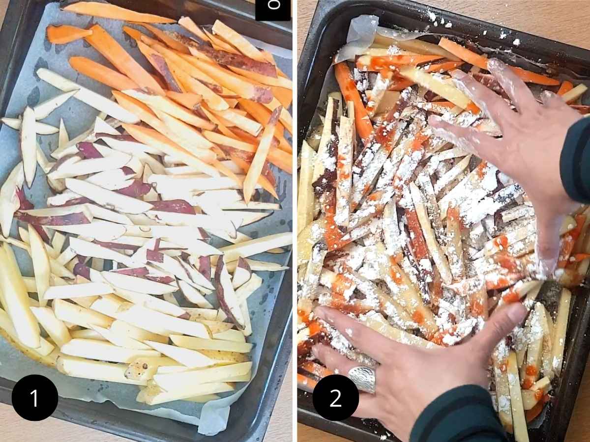 Image collage of cutting and seasoning the fries.