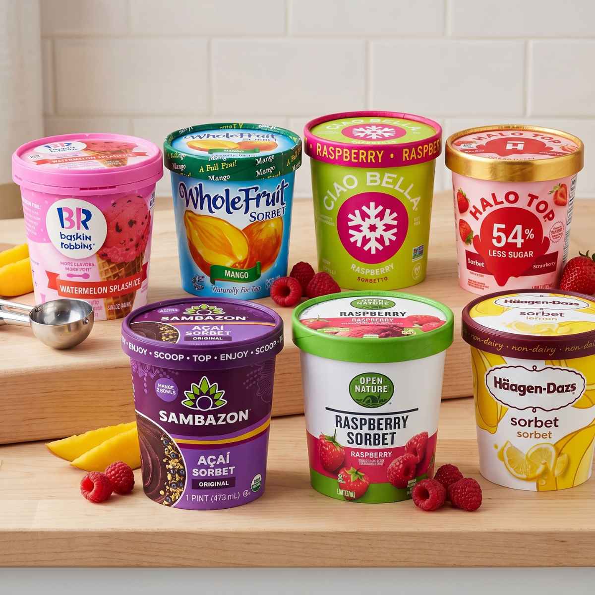 Assorted vegan sorbet containers on a wooden table include brands like Baskin Robbins and Häagen-Dazs. Fresh raspberries and mango slices add a vibrant touch.