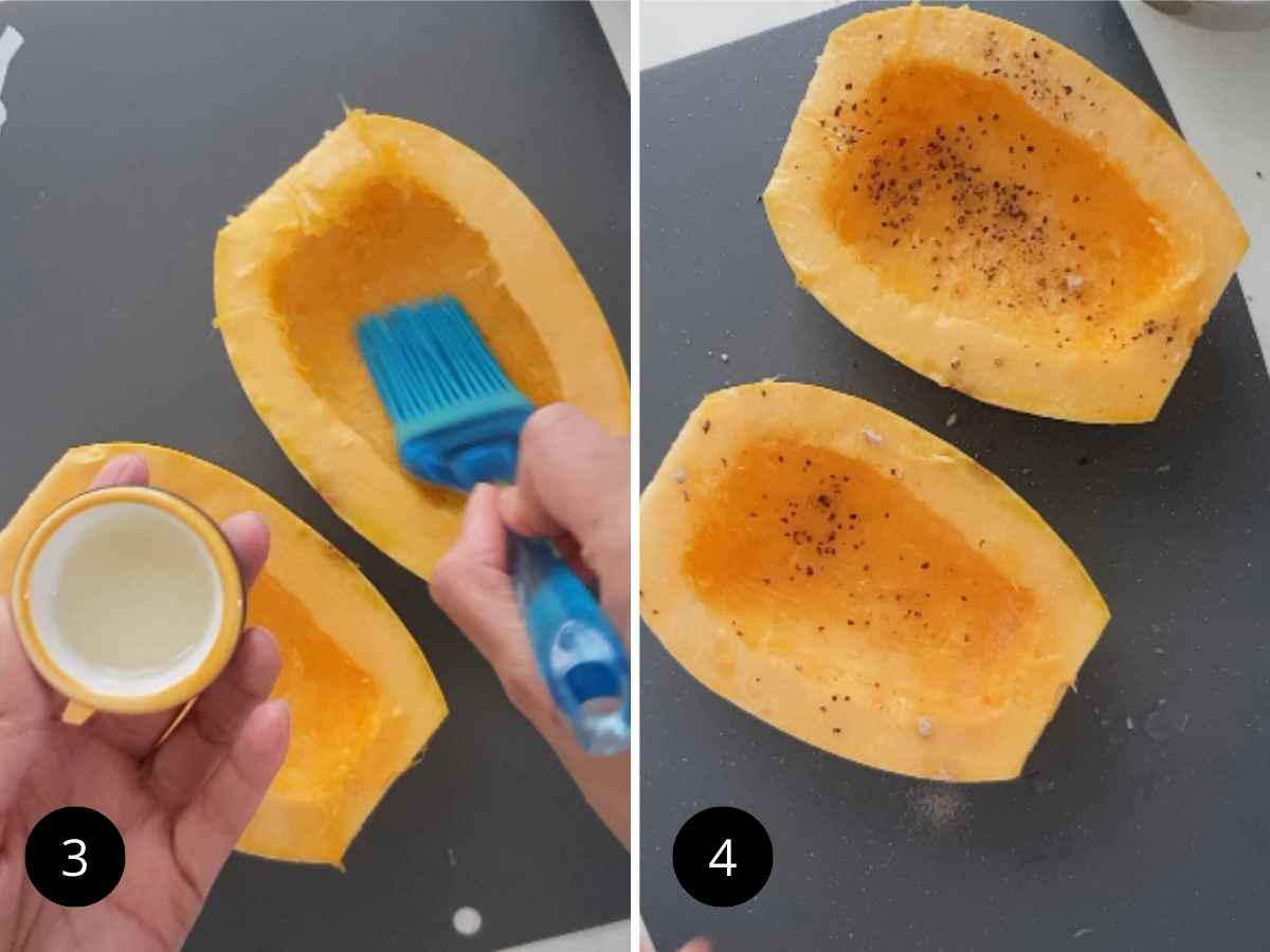 Applying oil with silicon brush and seasoning the squash.