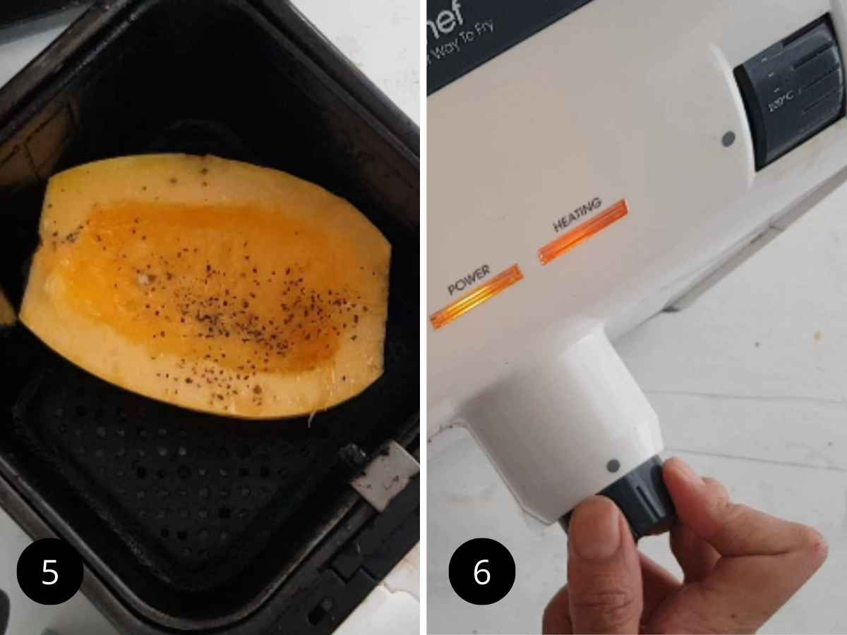 Placing the squash in air fryer and setting the temprature.