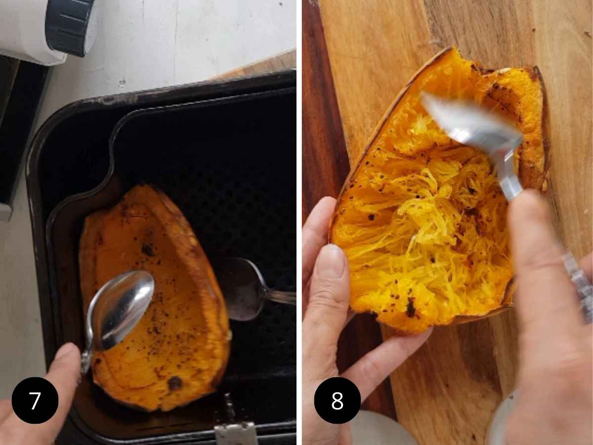 Removing the squash from air fryer and shredding with fork.