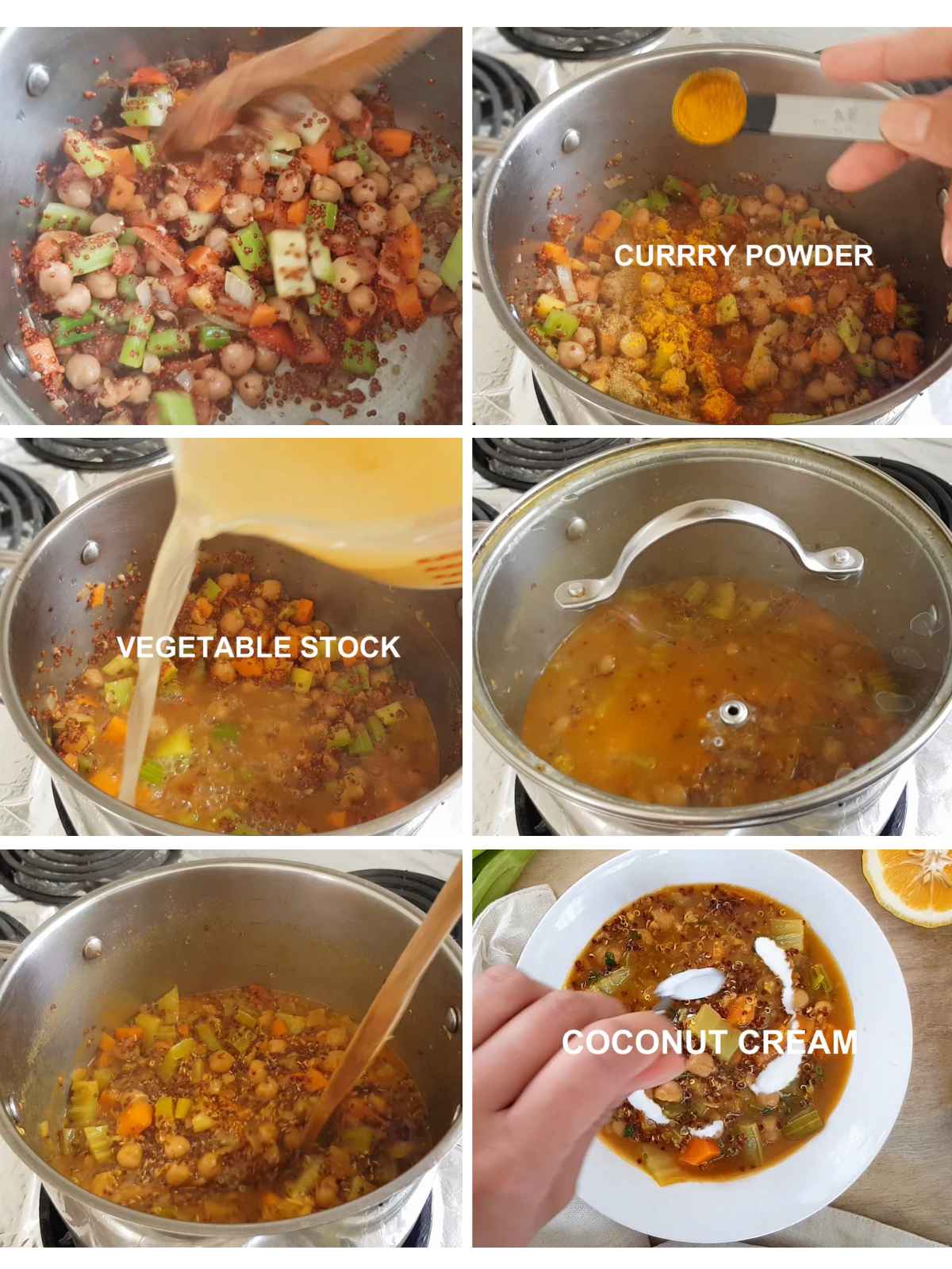 Image collage of stew making process shots.