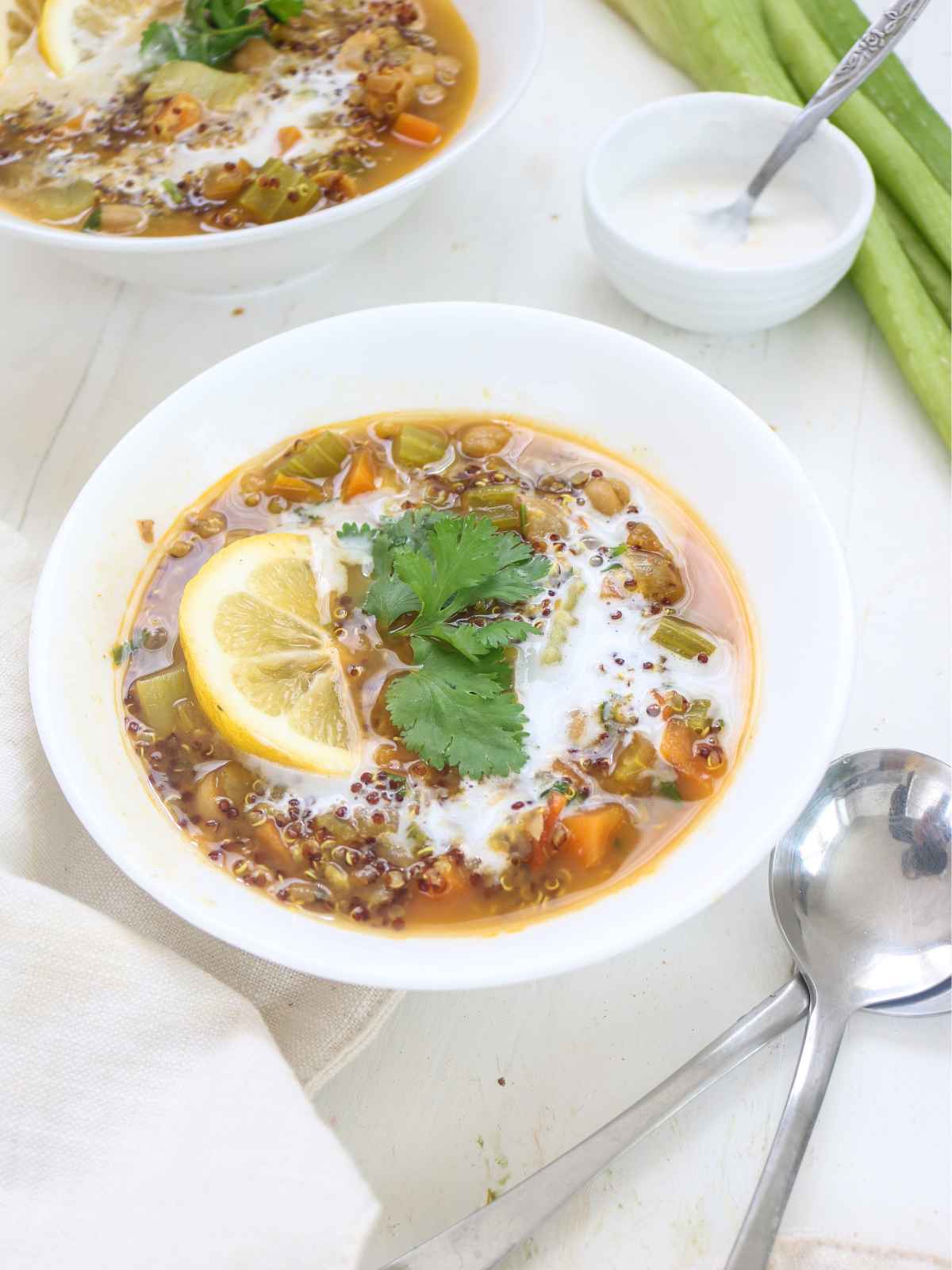 Stew served in a bowl placed on white background.