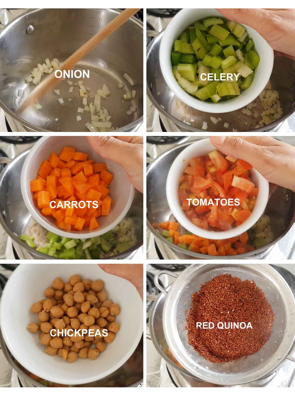 Image collage of stew making process shots.